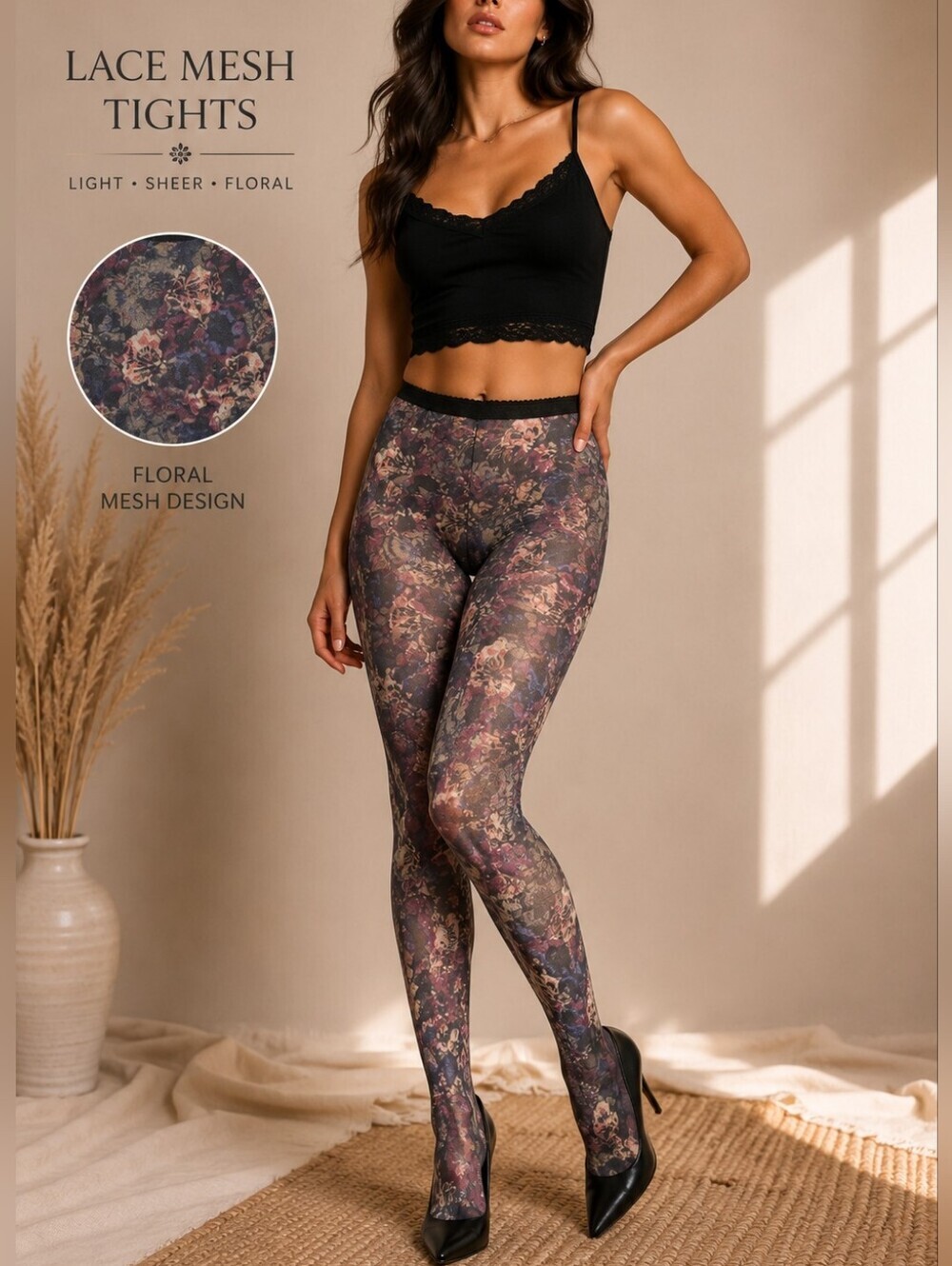 NWT Urban Outfitters Floral Mesh Tights Velvet Multicolor Floral Print Sheer Y2K